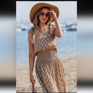 Cupshe Tan and Red Patterned Dress size M